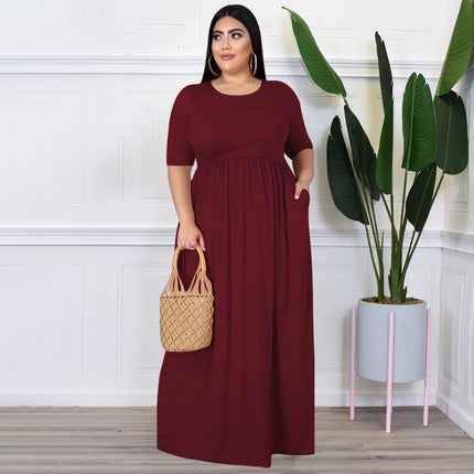 Plus Size Dress Summer Women Clothing Solid Color Round Neck Loose Casual Dress