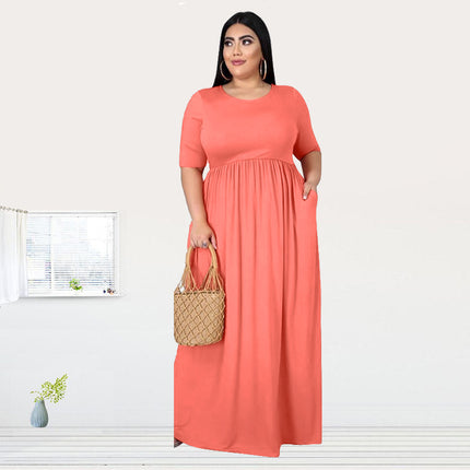 Plus Size Dress Summer Women Clothing Solid Color Round Neck Loose Casual Dress