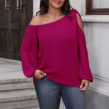 Plus Size Women Clothing Shoulder Long Sleeved T shirt off the Shoulder Bow Lace up Lantern Sleeve Loose Slimming Top