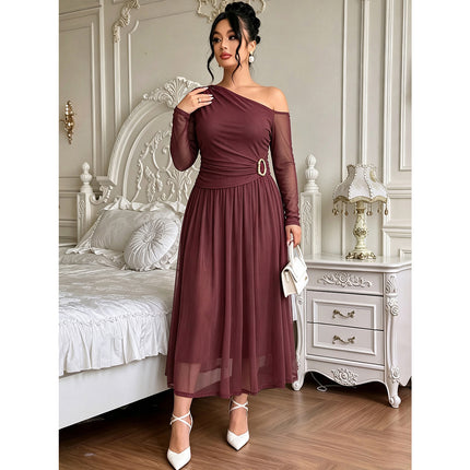 Plus Size Women Clothes Oblique Shoulder Mesh Long Sleeve Dress Decorative Buckle Pleated High Waist Mid Length Dress