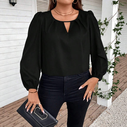 Plus Size Women Clothing round Neck Hollow Out Cutout out Long Sleeved Top Lantern Sleeve Loose Slimming Wild T shirt