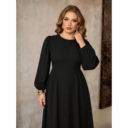 Plus Size Women Clothes Maxi Dress Loose Lantern Sleeve Waist Hiding Black Drape Dress