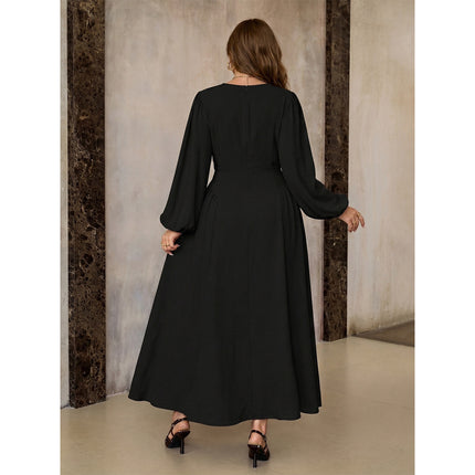 Plus Size Women Clothes Maxi Dress Loose Lantern Sleeve Waist Hiding Black Drape Dress