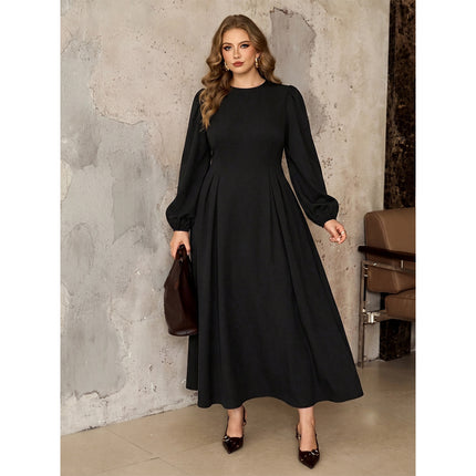 Plus Size Women Clothes Maxi Dress Loose Lantern Sleeve Waist Hiding Black Drape Dress