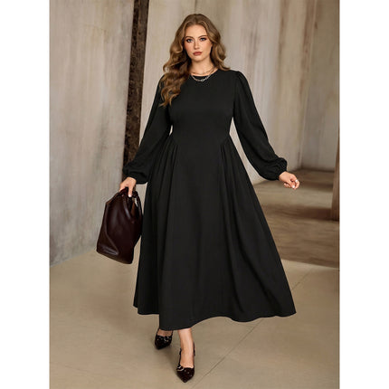 Plus Size Women Clothes Maxi Dress Loose Lantern Sleeve Waist Hiding Black Drape Dress