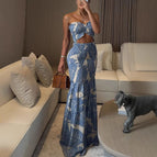 S / Dark Blue Printed Leaves
