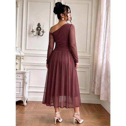 Plus Size Women Clothes Oblique Shoulder Mesh Long Sleeve Dress Decorative Buckle Pleated High Waist Mid Length Dress