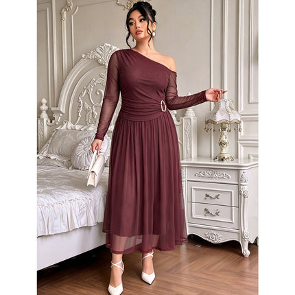 Plus Size Women Clothes Oblique Shoulder Mesh Long Sleeve Dress Decorative Buckle Pleated High Waist Mid Length Dress