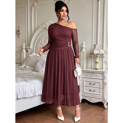 Plus Size Women Clothes Oblique Shoulder Mesh Long Sleeve Dress Decorative Buckle Pleated High Waist Mid Length Dress